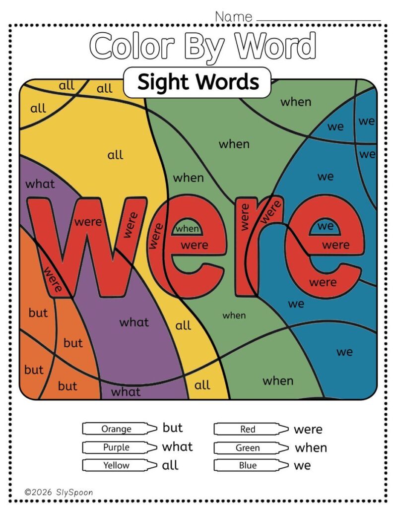 Free Printable Sight word worksheets high frequency Sight Word Practice Dolch and Fry - Sight Word "were" printable page color by number style, but color by word.