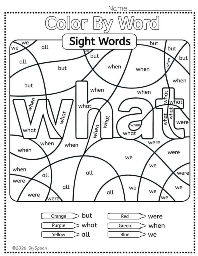 Free Printable Sight word worksheets high frequency Sight Word Practice Dolch and Fry - Sight Word "what" printable page color by number style, but color by word.