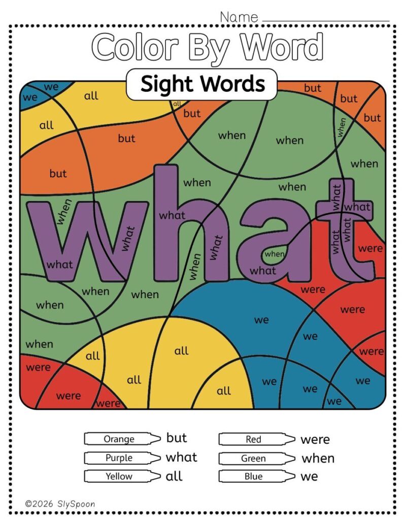 Free Printable Sight word worksheets high frequency Sight Word Practice Dolch and Fry - Sight Word "what" printable page color by number style, but color by word.