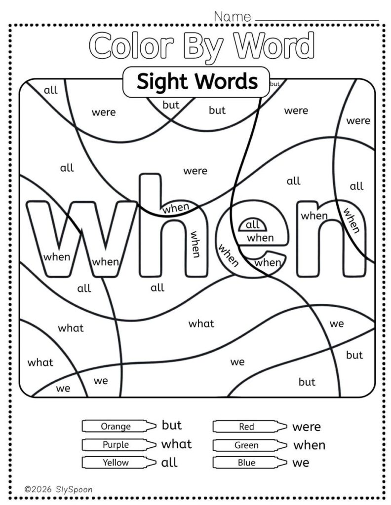 Free Printable Sight word worksheets high frequency Sight Word Practice Dolch and Fry - Sight Word "when" printable page color by number style, but color by word.