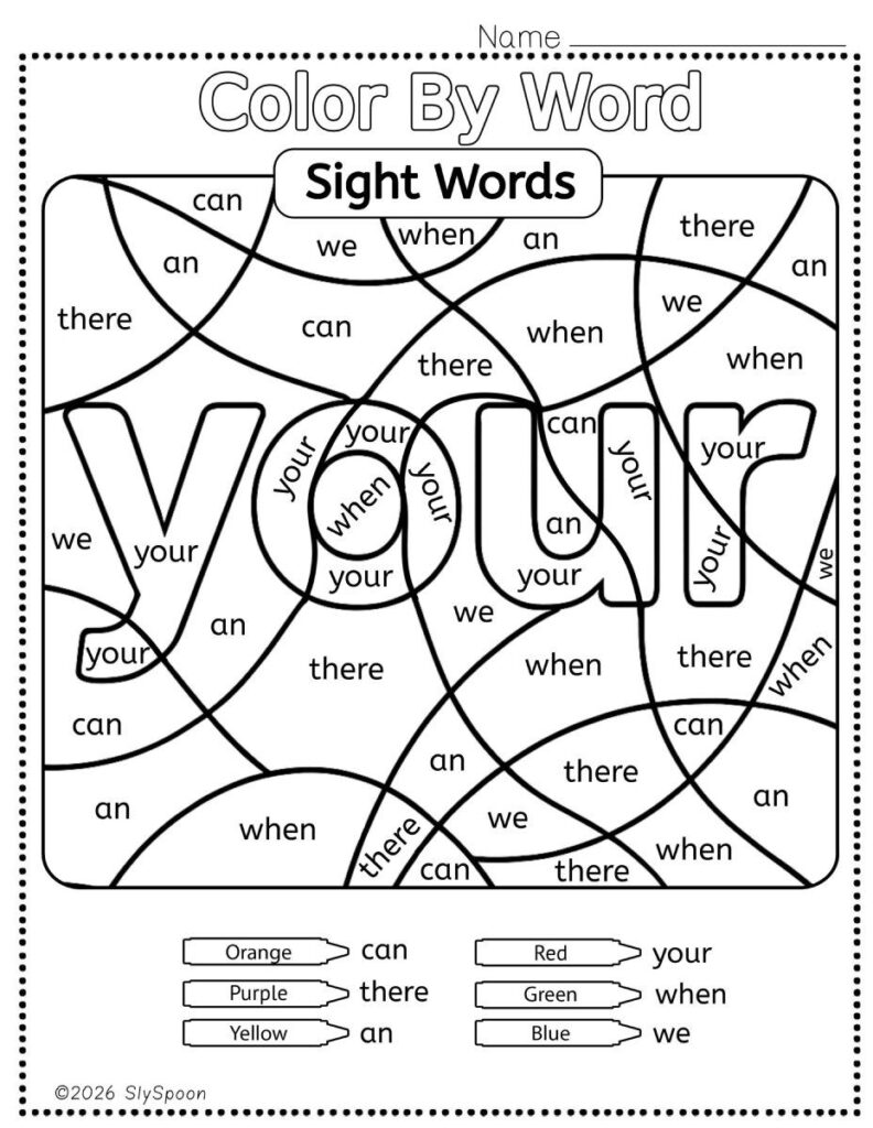 Free Printable Sight word worksheets high frequency Sight Word Practice Dolch and Fry - Sight Word "your" printable page color by number style, but color by word.