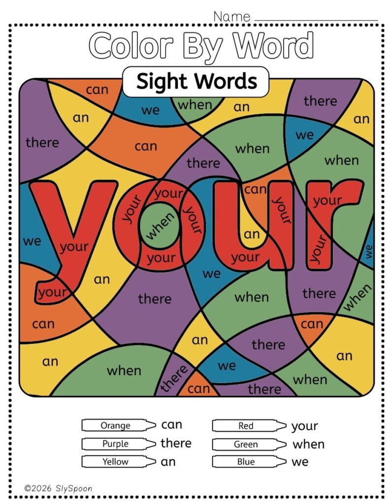 Free Printable Sight word worksheets high frequency Sight Word Practice Dolch and Fry - Sight Word "your" printable page color by number style, but color by word.