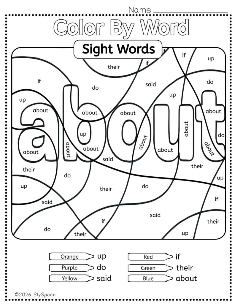 Free Printable Sight word worksheets high frequency Sight Word Practice Dolch and Fry - Sight Word "about" printable page color by number style, but color by word.