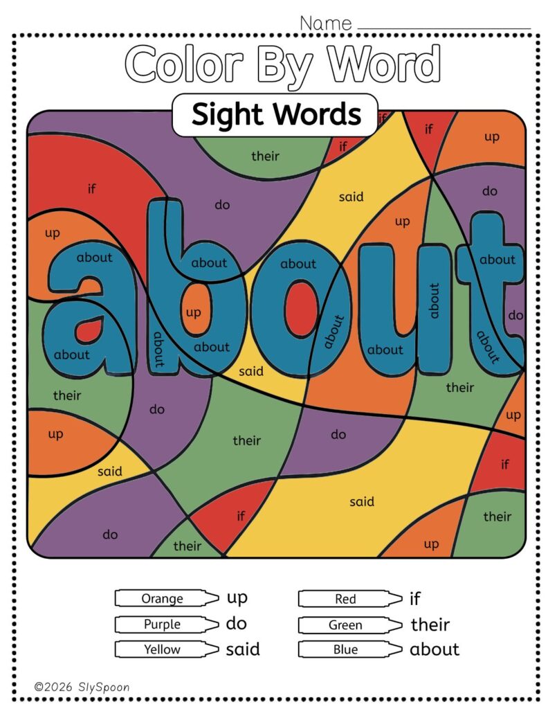 Free Printable Sight word worksheets high frequency Sight Word Practice Dolch and Fry - Sight Word "about" printable page color by number style, but color by word.