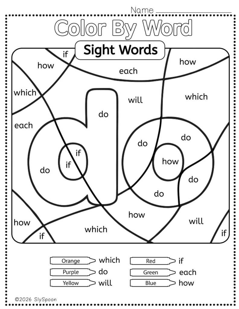 Free Printable Sight word worksheets high frequency Sight Word Practice Dolch and Fry - Sight Word "do" printable page color by number style, but color by word.