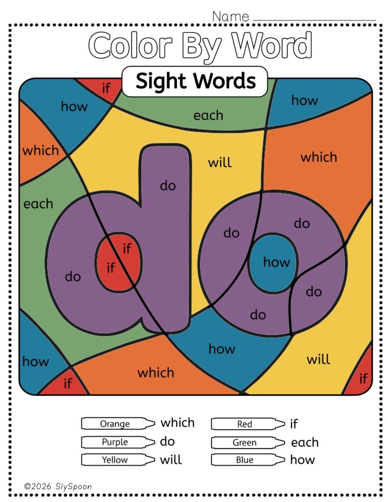 Free Printable Sight word worksheets high frequency Sight Word Practice Dolch and Fry - Sight Word "do" printable page color by number style, but color by word.