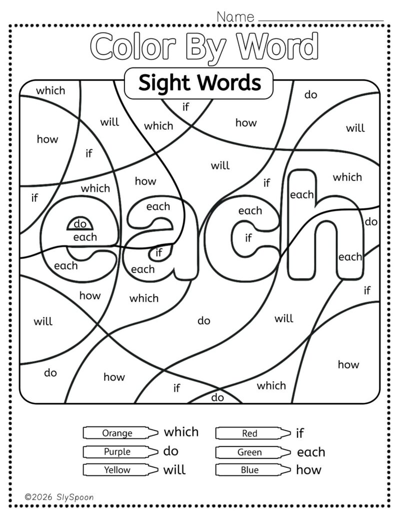 Free Printable Sight word worksheets high frequency Sight Word Practice Dolch and Fry - Sight Word "each" printable page color by number style, but color by word.