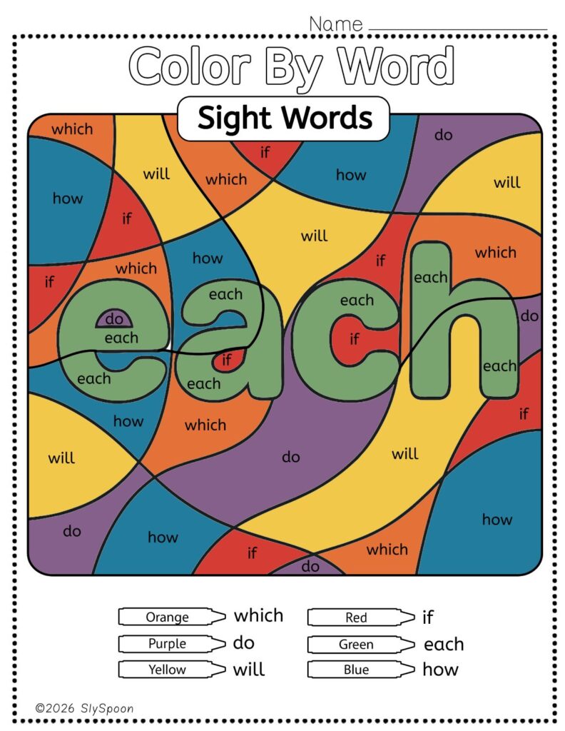 Free Printable Sight word worksheets high frequency Sight Word Practice Dolch and Fry - Sight Word "each" printable page color by number style, but color by word.