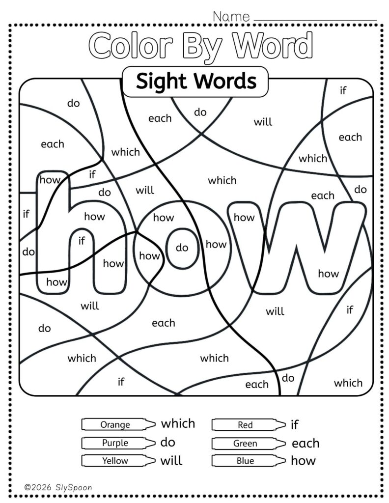 Free Printable Sight word worksheets high frequency Sight Word Practice Dolch and Fry - Sight Word "how" printable page color by number style, but color by word.