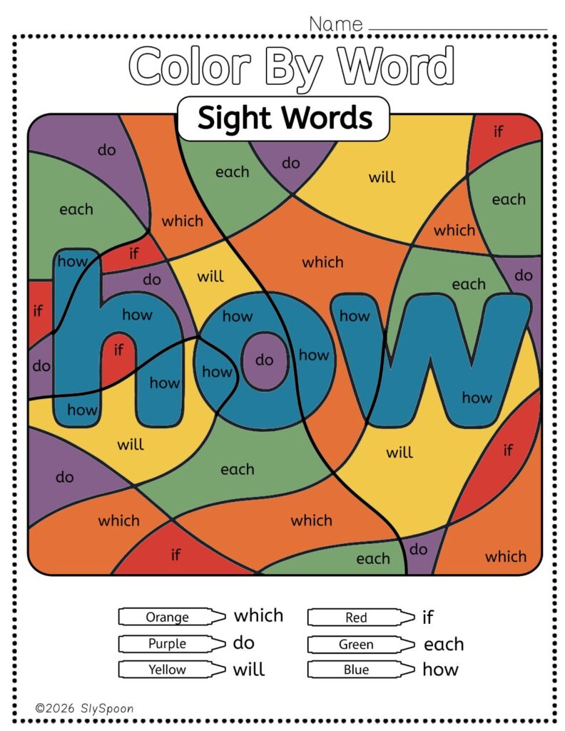 Free Printable Sight word worksheets high frequency Sight Word Practice Dolch and Fry - Sight Word "how" printable page color by number style, but color by word.