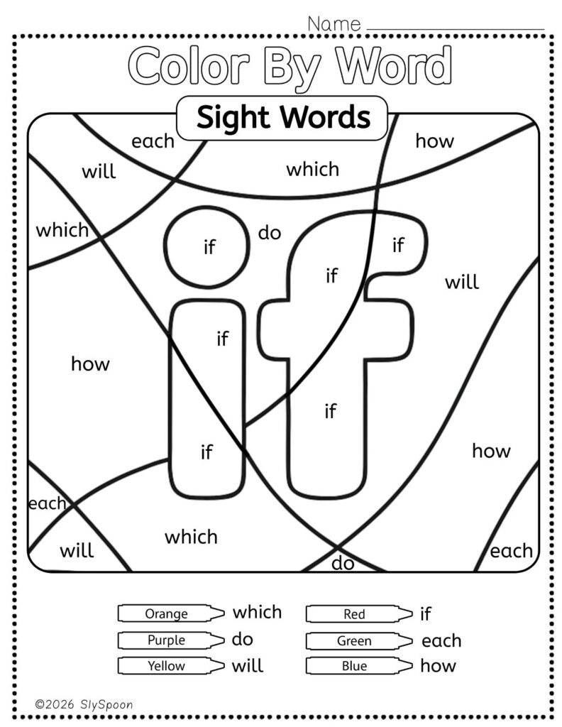 Free Printable Sight word worksheets high frequency Sight Word Practice Dolch and Fry - Sight Word "if" printable page color by number style, but color by word.