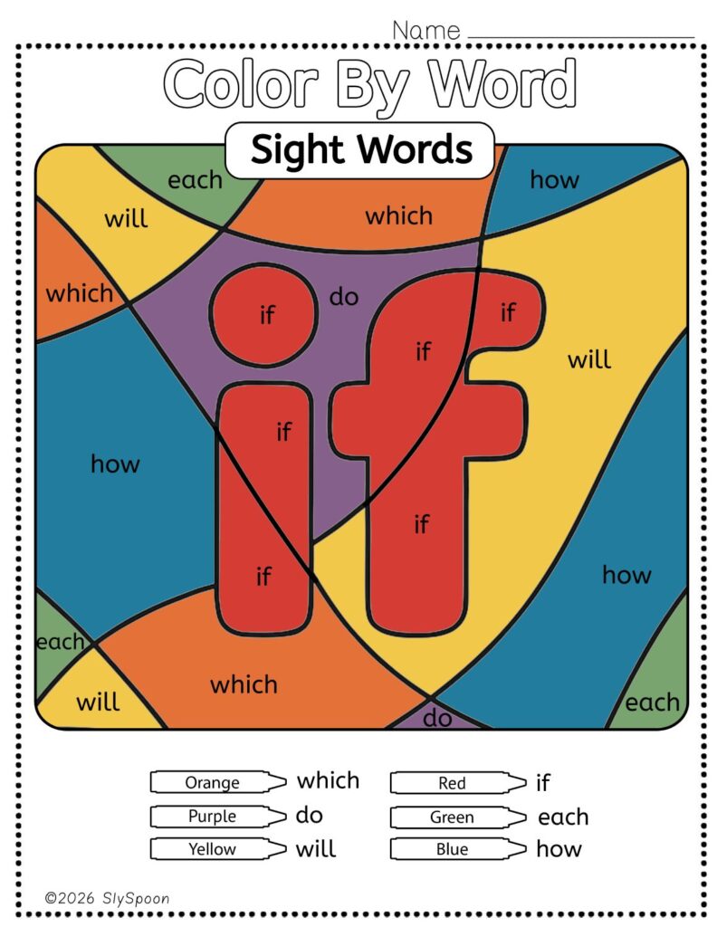 Free Printable Sight word worksheets high frequency Sight Word Practice Dolch and Fry - Sight Word "if" printable page color by number style, but color by word.