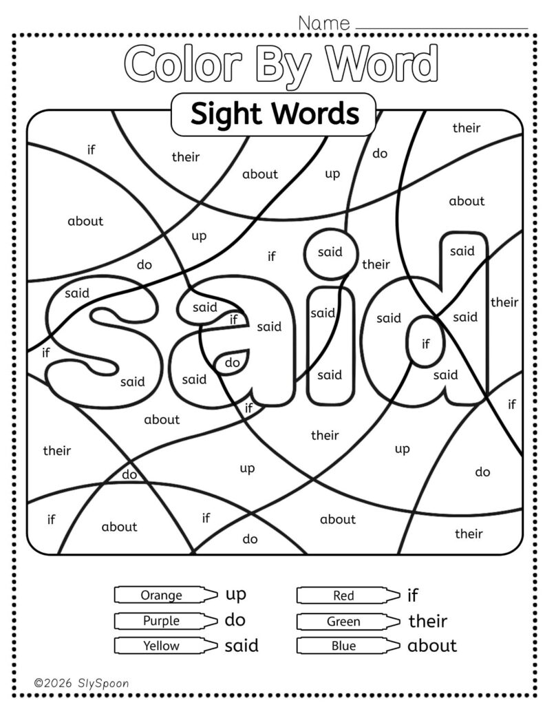 Free Printable Sight word worksheets high frequency Sight Word Practice Dolch and Fry - Sight Word "said" printable page color by number style, but color by word.