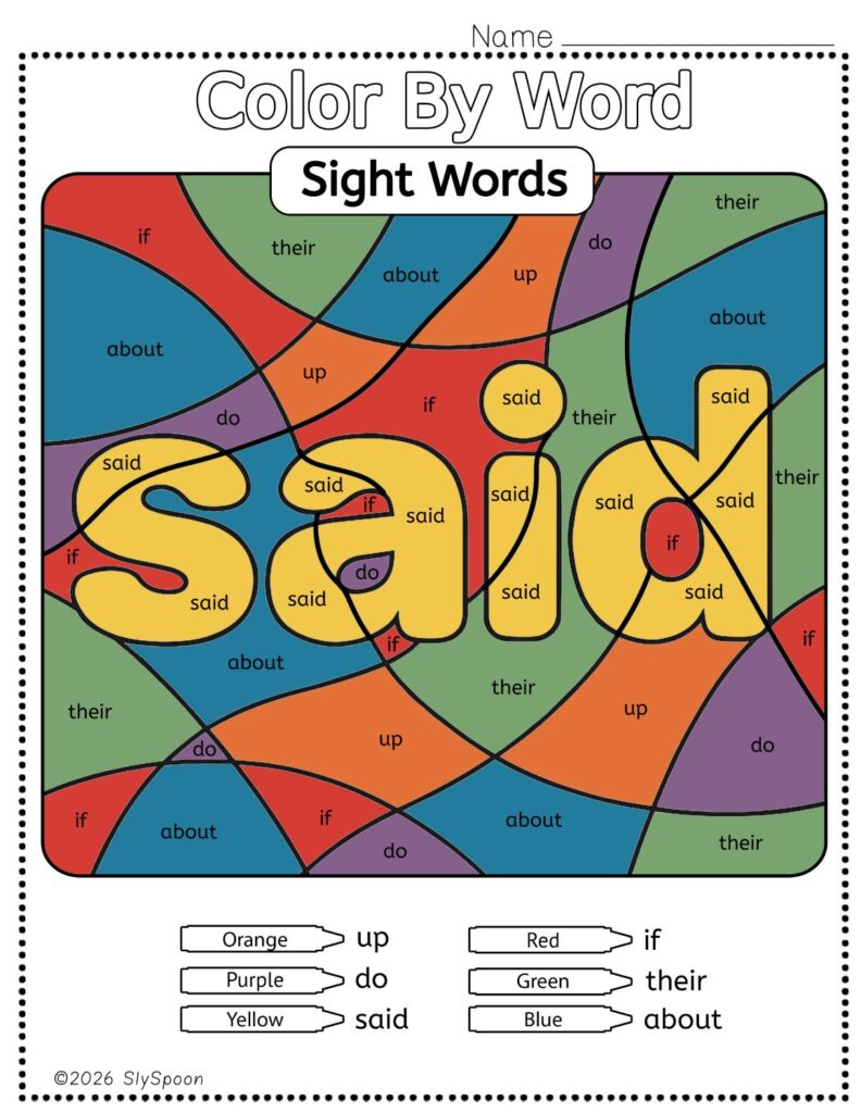 Free Printable Sight word worksheets high frequency Sight Word Practice Dolch and Fry - Sight Word "said" printable page color by number style, but color by word.