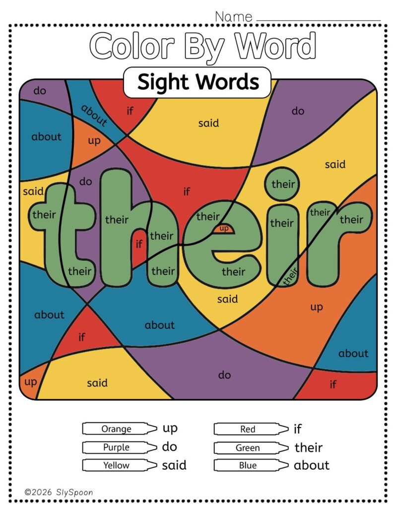 Free Printable Sight word worksheets high frequency Sight Word Practice Dolch and Fry - Sight Word "their" printable page color by number style, but color by word.