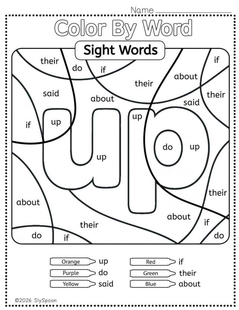 Free Printable Sight word worksheets high frequency Sight Word Practice Dolch and Fry - Sight Word "up" printable page color by number style, but color by word.