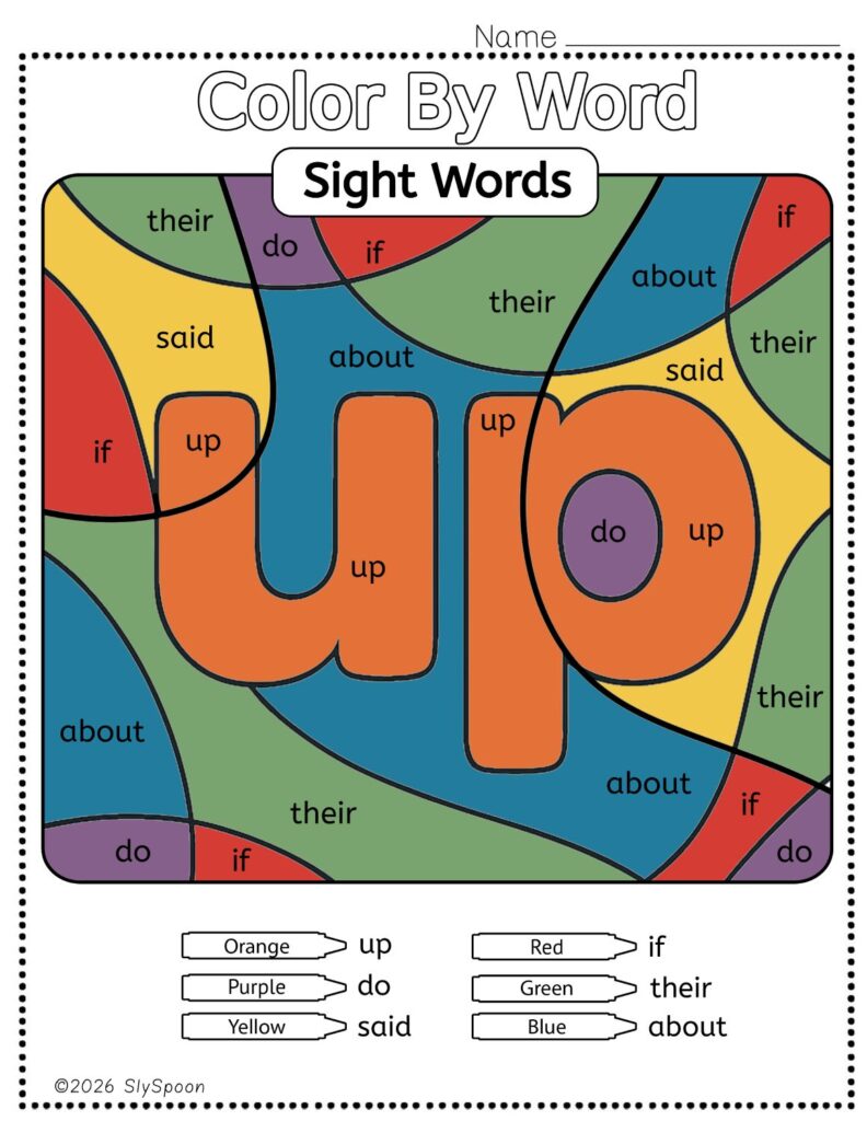 Free Printable Sight word worksheets high frequency Sight Word Practice Dolch and Fry - Sight Word "up" printable page color by number style, but color by word.