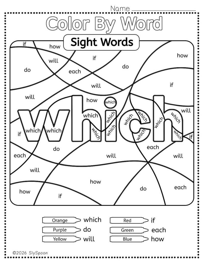 Free Printable Sight word worksheets high frequency Sight Word Practice Dolch and Fry - Sight Word "which" printable page color by number style, but color by word.