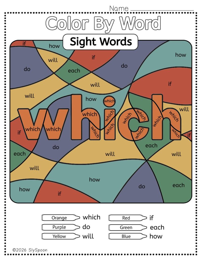 Free Printable Sight word worksheets high frequency Sight Word Practice Dolch and Fry - Sight Word "which" printable page color by number style, but color by word.
