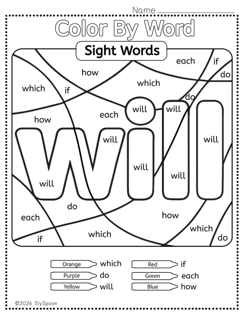 Free Printable Sight word worksheets high frequency Sight Word Practice Dolch and Fry - Sight Word "will" printable page color by number style, but color by word.