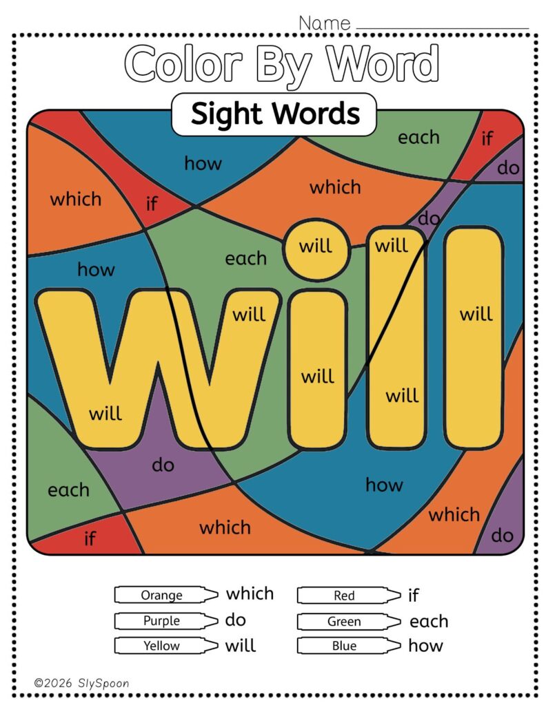 Free Printable Sight word worksheets high frequency Sight Word Practice Dolch and Fry - Sight Word "will" printable page color by number style, but color by word.
