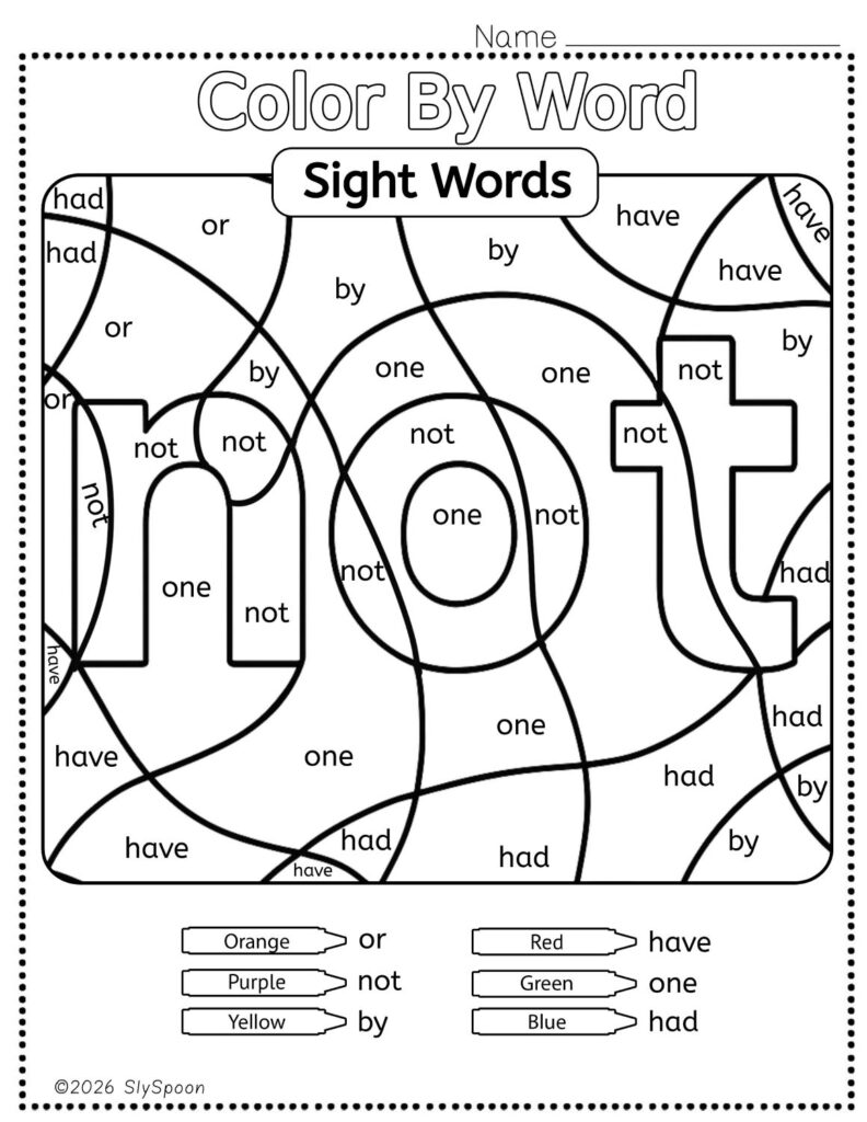 Free Printable Sight word worksheets high frequency Sight Word Practice Dolch and Fry - Sight Word "not" printable page color by number style, but color by word.