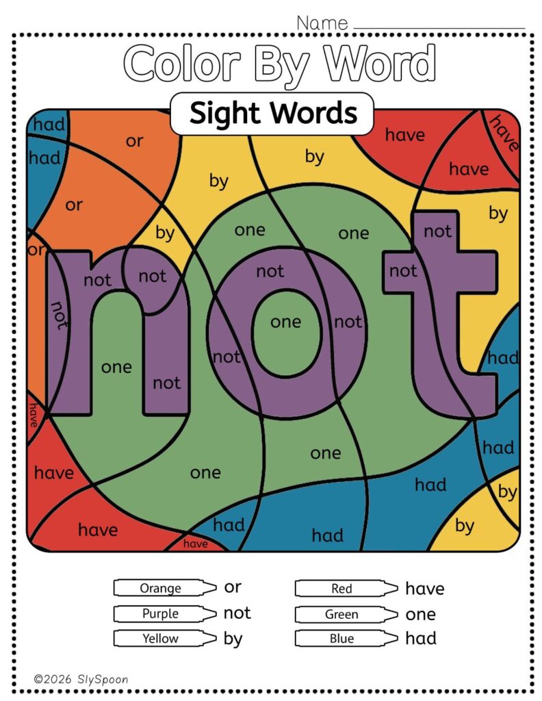Free Printable Sight word worksheets high frequency Sight Word Practice Dolch and Fry - Sight Word "not" printable page color by number style, but color by word.