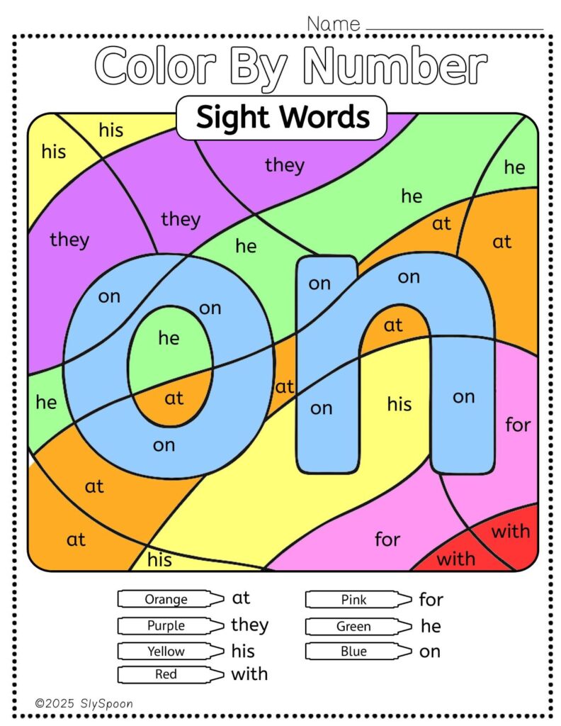 Free Printable Sight word worksheets high frequency Sight Word Practice Dolch and Fry - Sight Word "on" printable page color by number style, but color by word.