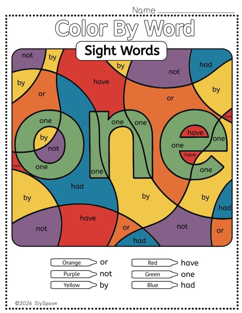 Free Printable Sight word worksheets high frequency Sight Word Practice Dolch and Fry - Sight Word "one" printable page color by number style, but color by word.