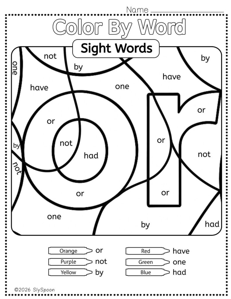 Free Printable Sight word worksheets high frequency Sight Word Practice Dolch and Fry - Sight Word "or" printable page color by number style, but color by word.