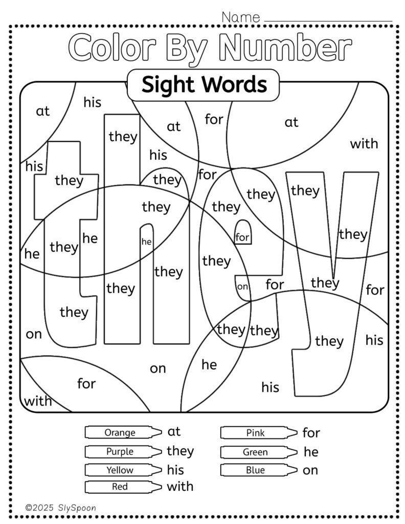 Free Printable Sight word worksheets high frequency Sight Word Practice Dolch and Fry - Sight Word "they" printable page color by number style, but color by word.