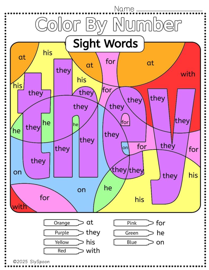 Free Printable Sight word worksheets high frequency Sight Word Practice Dolch and Fry - Sight Word "they" printable page color by number style, but color by word.