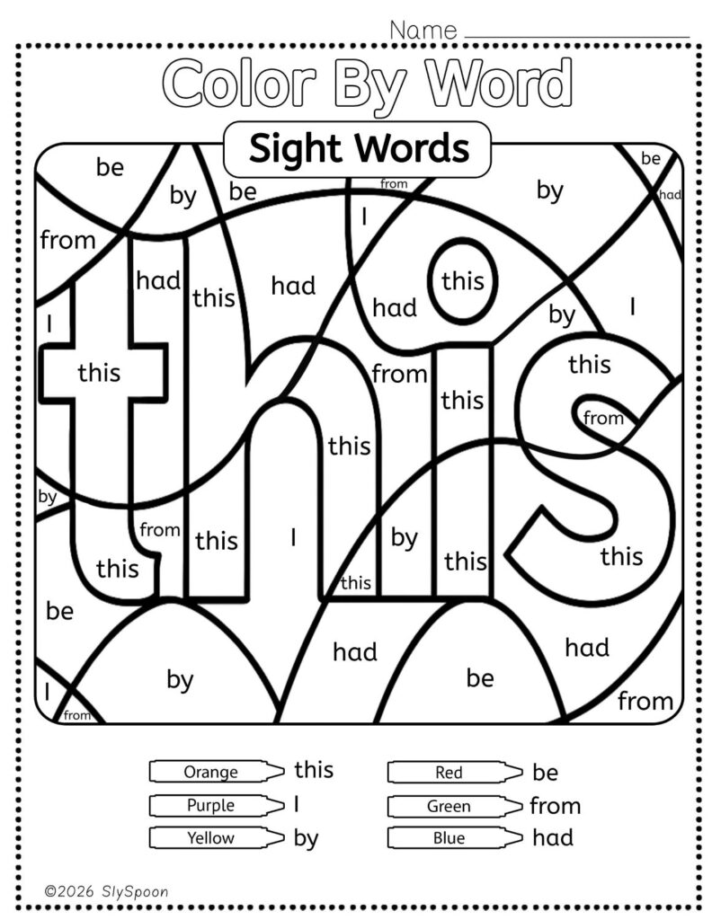 Free Printable Sight word worksheets high frequency Sight Word Practice Dolch and Fry - Sight Word "this" printable page color by number style, but color by word.