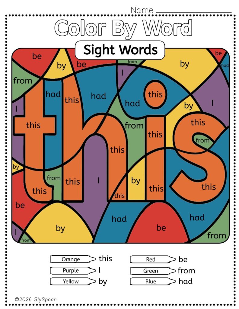 Free Printable Sight word worksheets high frequency Sight Word Practice Dolch and Fry - Sight Word "this" printable page color by number style, but color by word.