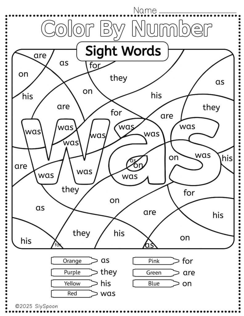 Free Printable Sight word worksheets high frequency Sight Word Practice Dolch and Fry - Sight Word "was" printable page color by number style, but color by word.