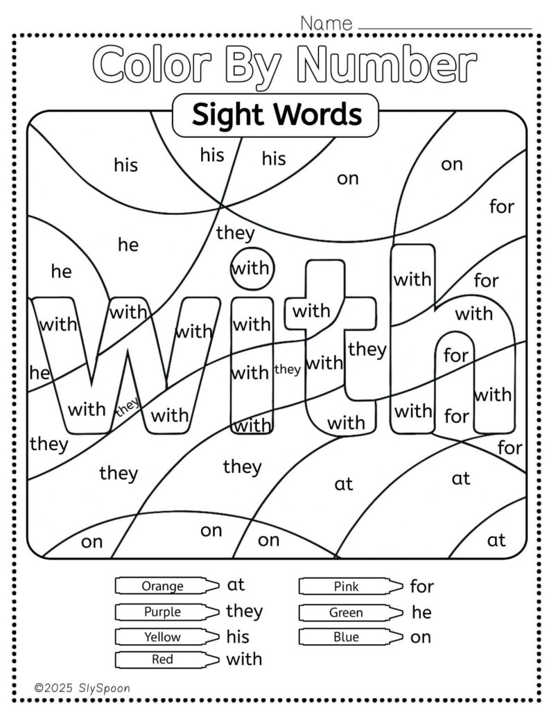 Free Printable Sight word worksheets high frequency Sight Word Practice Dolch and Fry - Sight Word "with" printable page color by number style, but color by word.