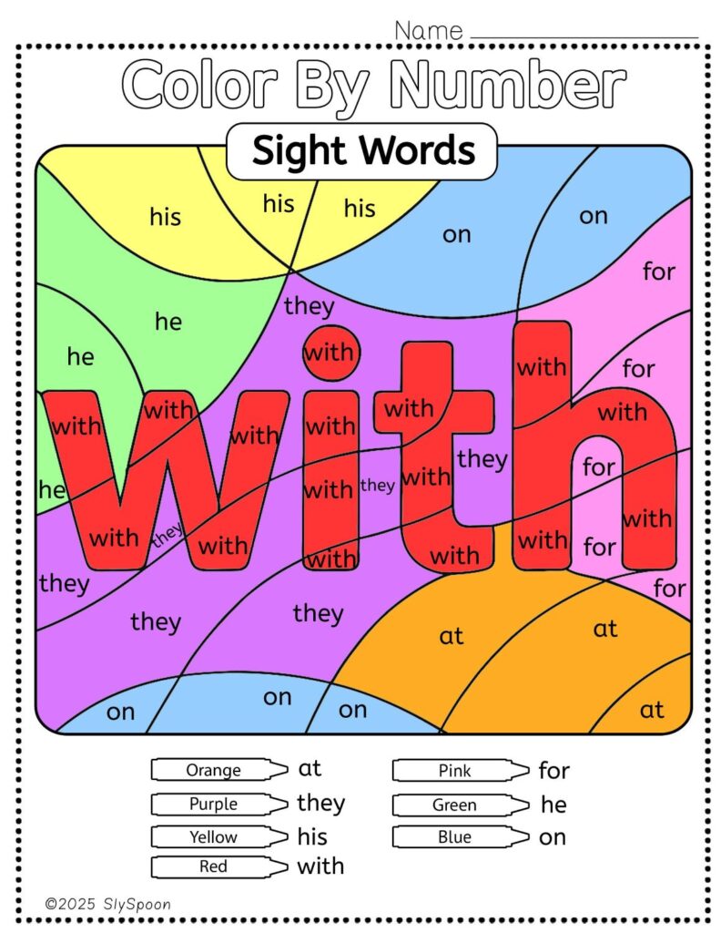 Free Printable Sight word worksheets high frequency Sight Word Practice Dolch and Fry - Sight Word "with" printable page color by number style, but color by word.