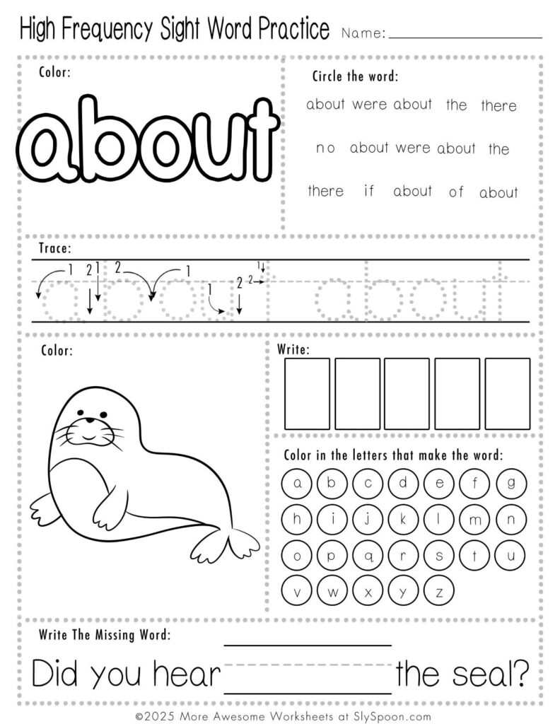 Free Printable Sight word worksheets high frequency Sight Word Practice Dolch and Fry - Sight Word "about" printable page with multiple activities.