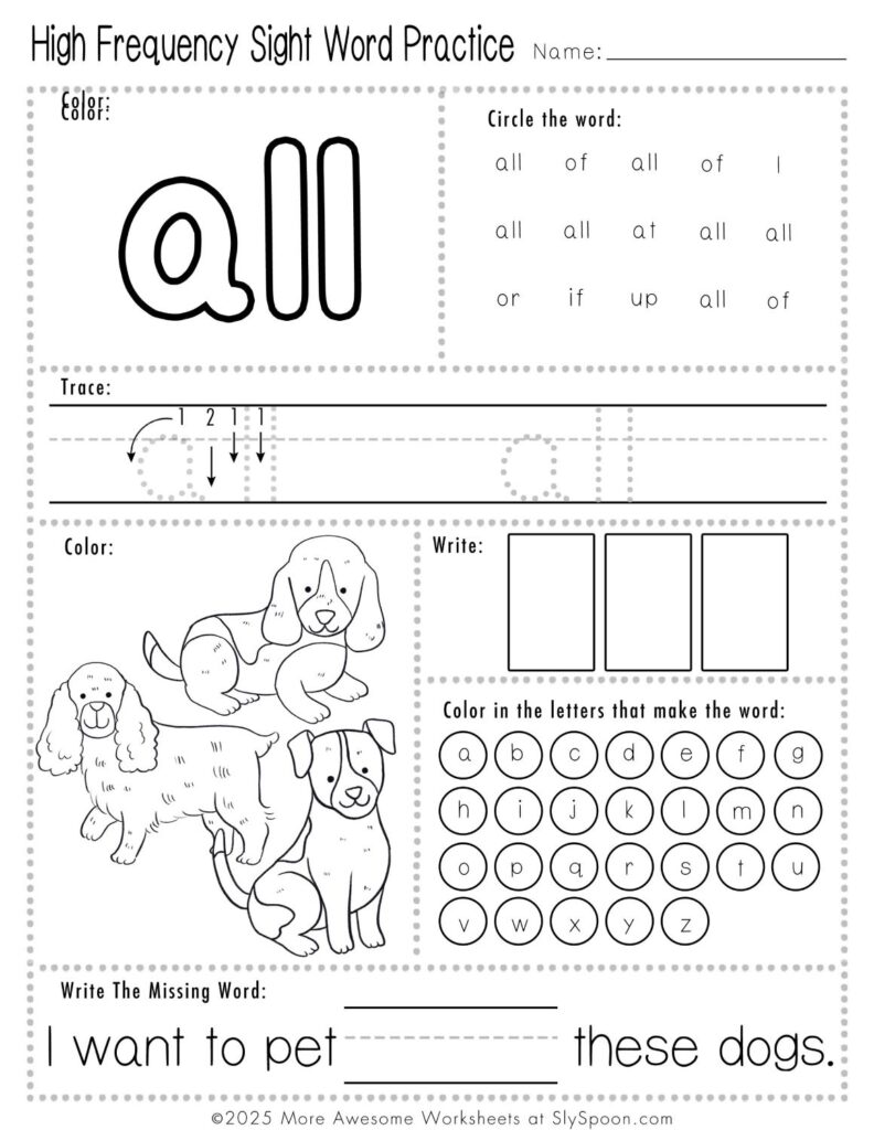 Free Printable Sight word worksheets high frequency Sight Word Practice Dolch and Fry - Sight Word "all" printable page with multiple activities.