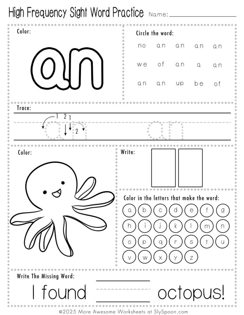 Free Printable Sight word worksheets high frequency Sight Word Practice Dolch and Fry - Sight Word "an" printable page with multiple activities.