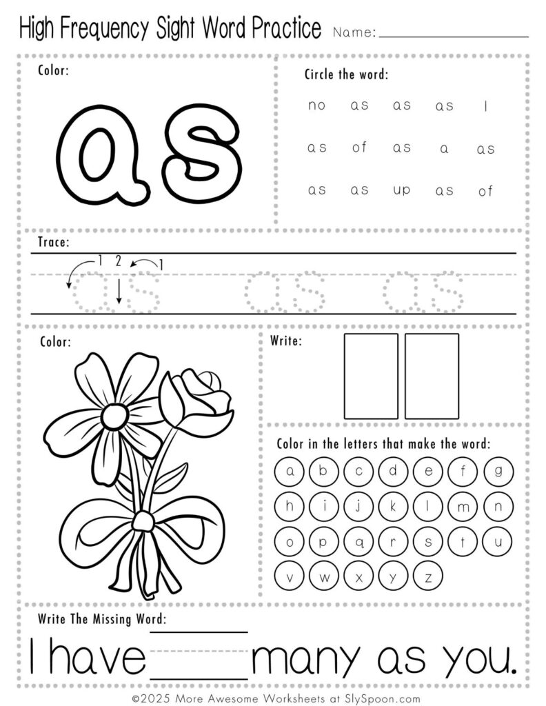 Free Printable Sight word worksheets high frequency Sight Word Practice Dolch and Fry - Sight Word "as" printable page with multiple activities.