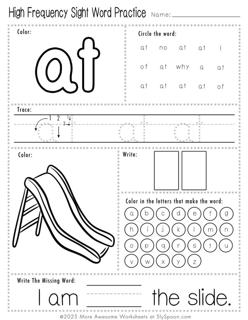 Free Printable Sight word worksheets high frequency Sight Word Practice Dolch and Fry - Sight Word "at" printable page with multiple activities.