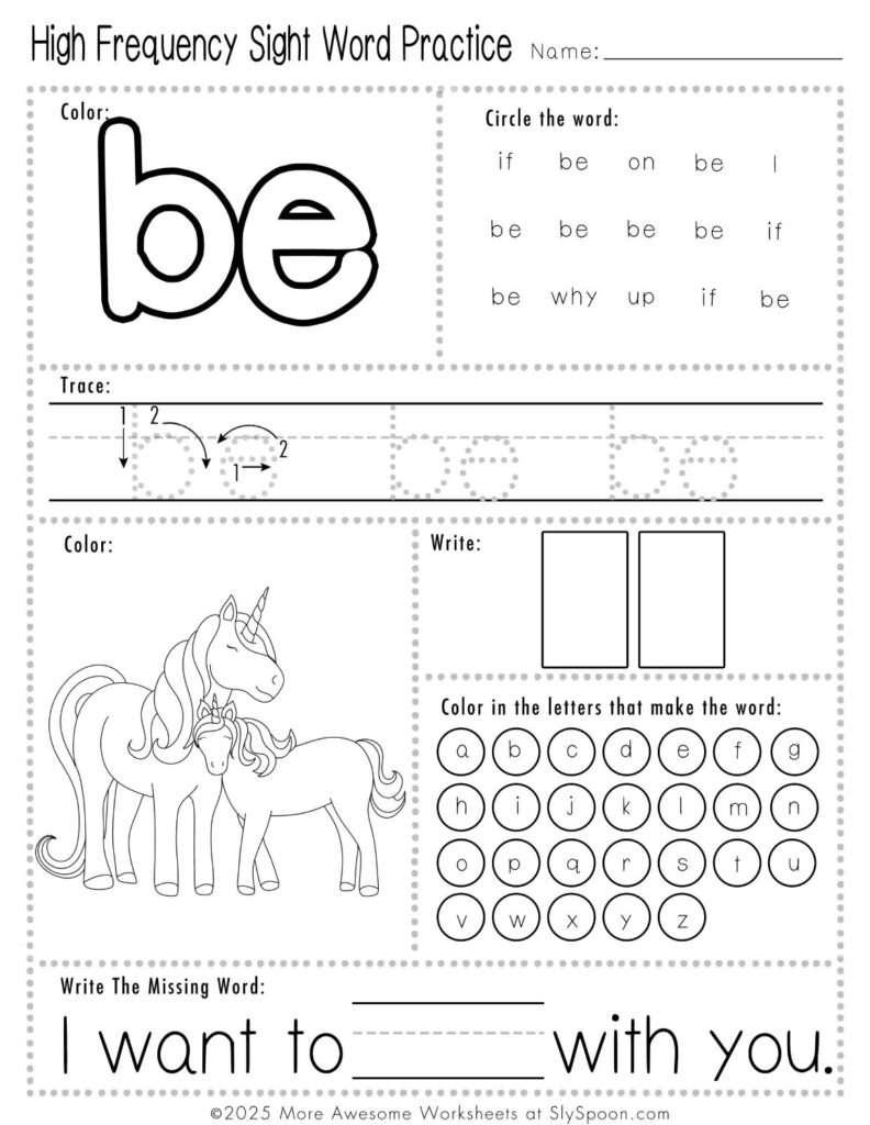Free Printable Sight word worksheets high frequency Sight Word Practice Dolch and Fry - Sight Word "be" printable page with multiple activities.