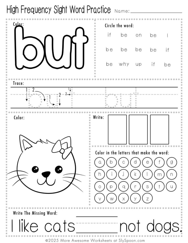 Free Printable Sight word worksheets high frequency Sight Word Practice Dolch and Fry - Sight Word "but" printable page with multiple activities.