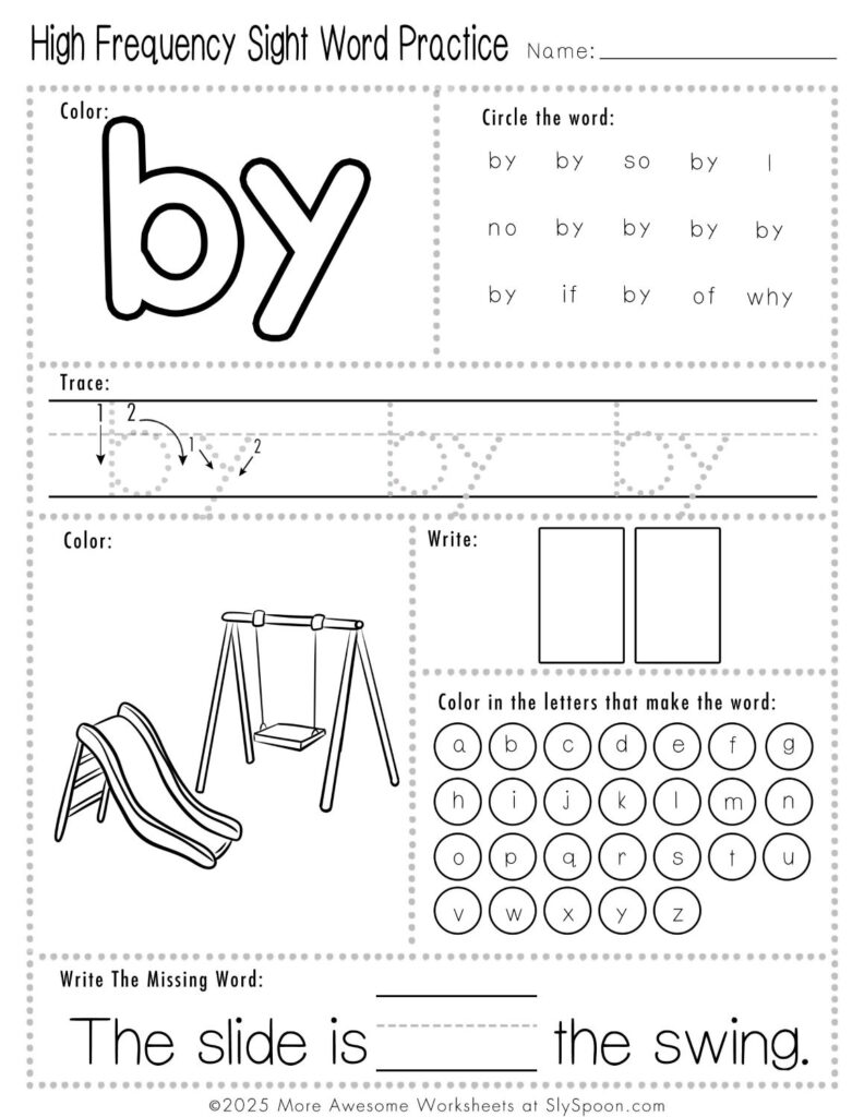 Free Printable Sight word worksheets high frequency Sight Word Practice Dolch and Fry - Sight Word "by" printable page with multiple activities.