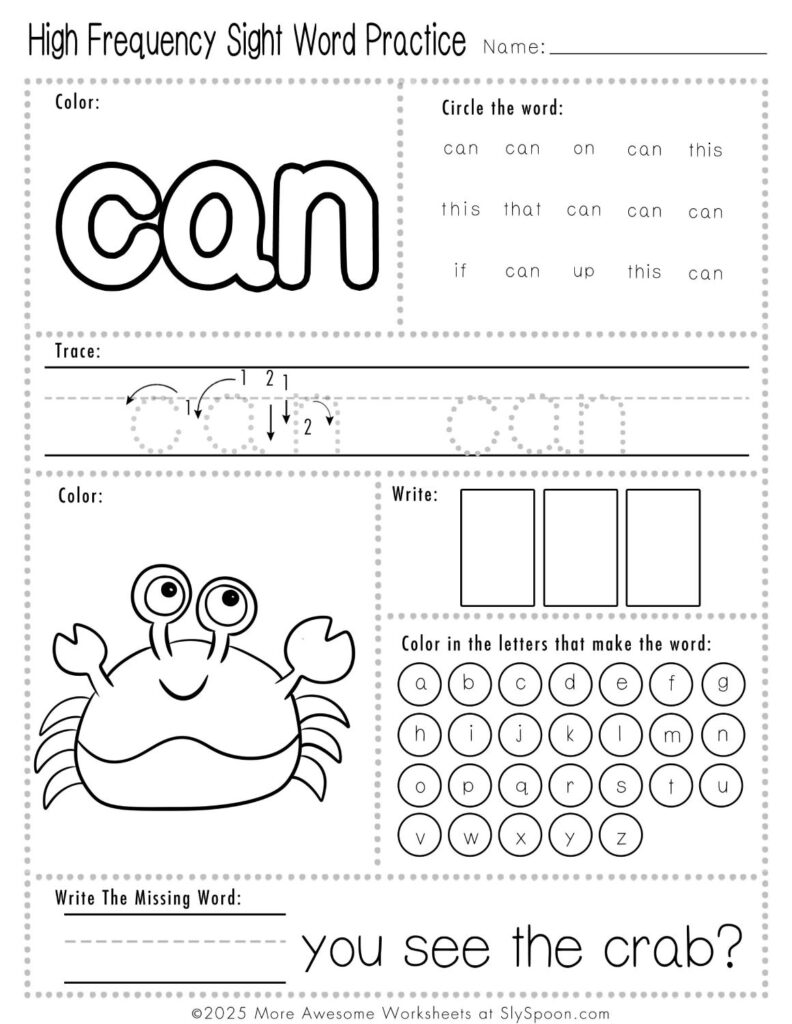 Free Printable Sight word worksheets high frequency Sight Word Practice Dolch and Fry - Sight Word "can" printable page with multiple activities.