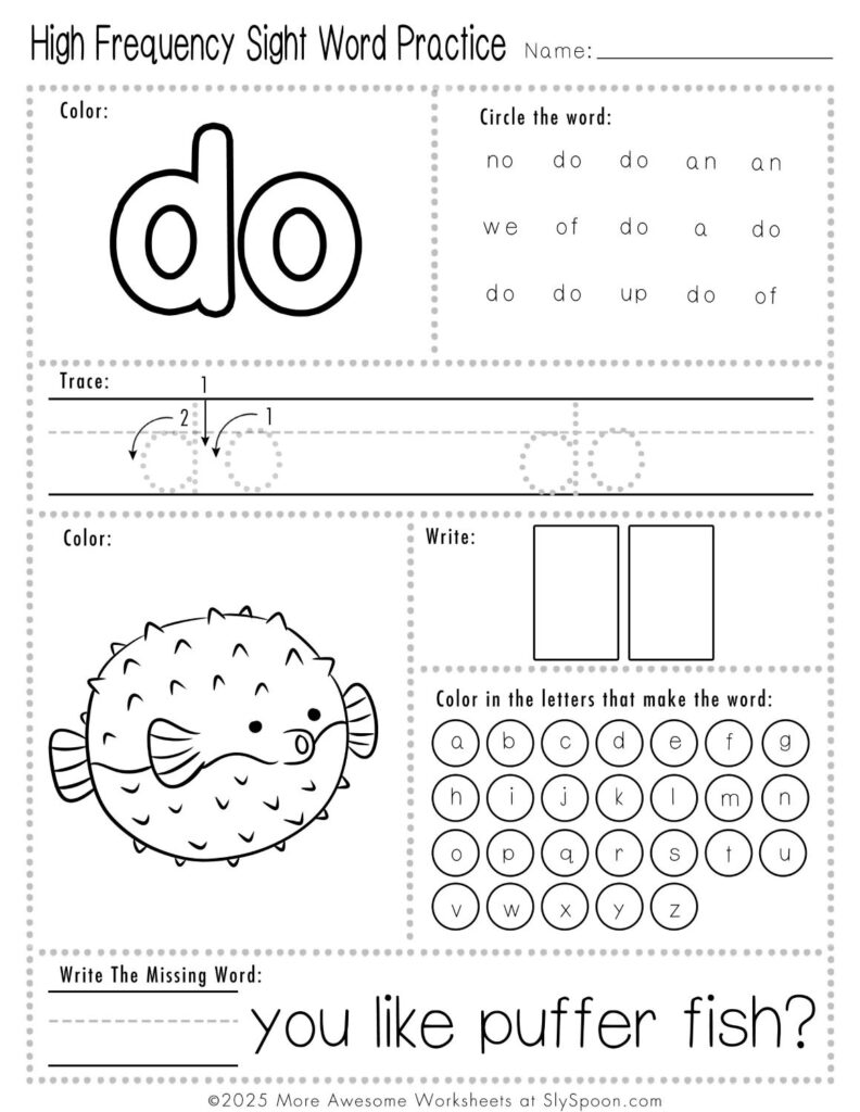 Free Printable Sight word worksheets high frequency Sight Word Practice Dolch and Fry - Sight Word "do" printable page with multiple activities.