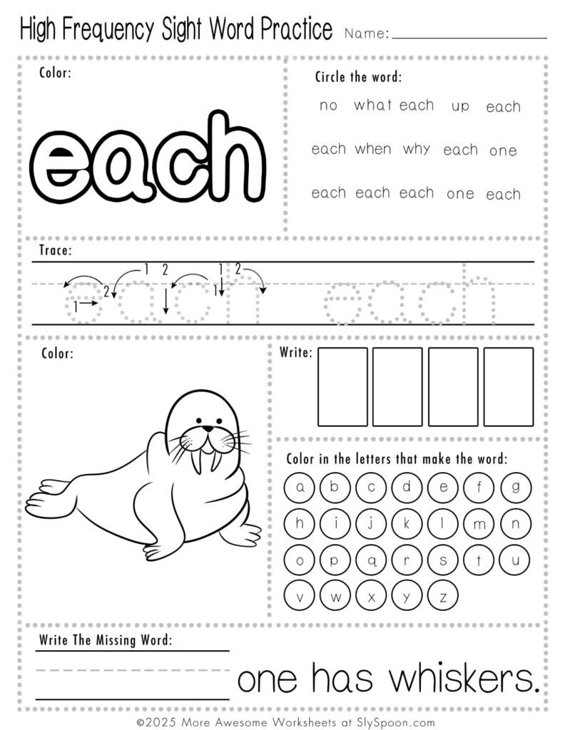 Free Printable Sight word worksheets high frequency Sight Word Practice Dolch and Fry - Sight Word "each" printable page with multiple activities.