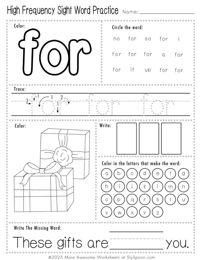 Free Printable Sight word worksheets high frequency Sight Word Practice Dolch and Fry - Sight Word "for" printable page with multiple activities.