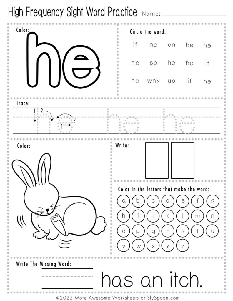 Free Printable Sight word worksheets high frequency Sight Word Practice Dolch and Fry - Sight Word "he" printable page with multiple activities.